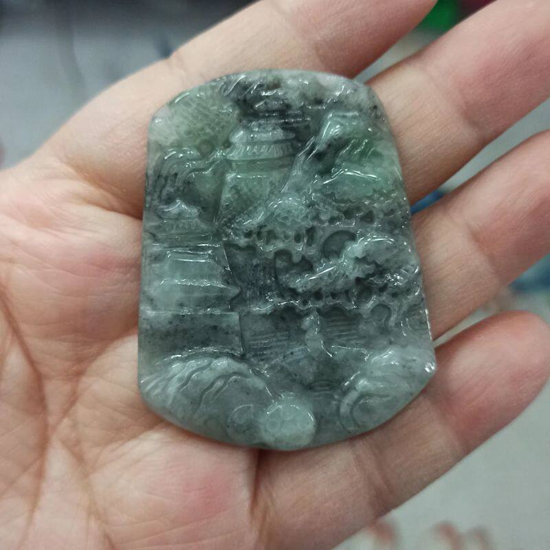 166缅甸天然翡翠吊坠山水牌乌鸡飘花卡50X39mm左右满48元包邮