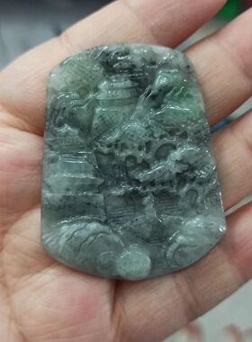 166缅甸天然翡翠吊坠山水牌乌鸡飘花卡50X39mm左右满48元包邮