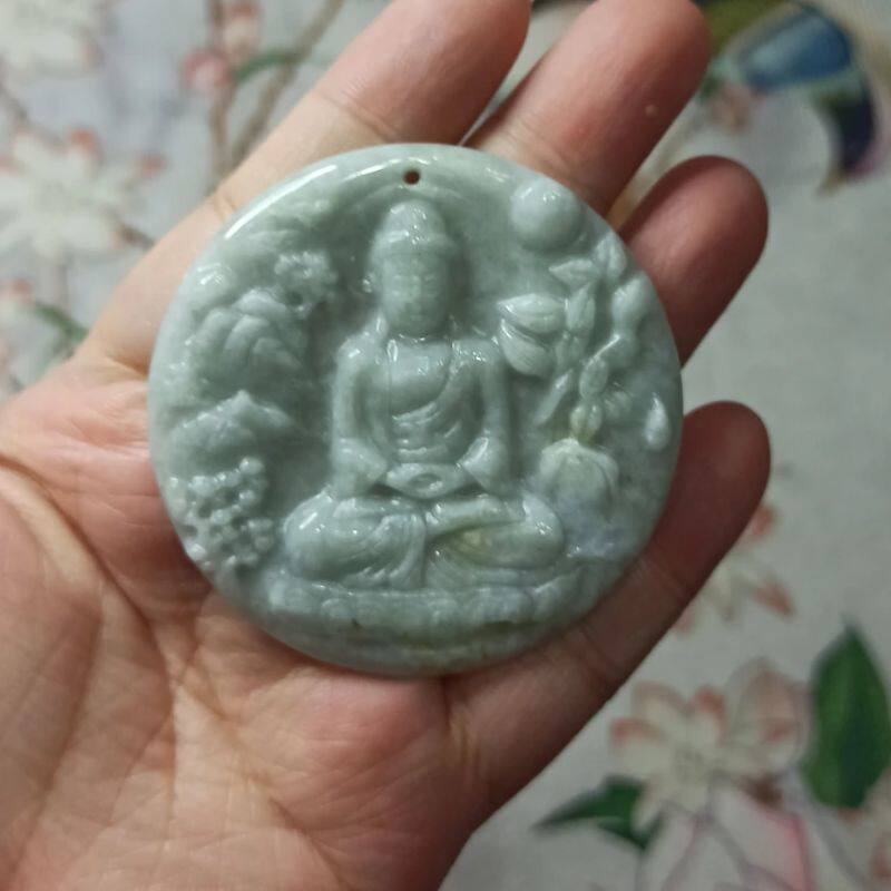 314缅甸天然翡翠吊坠山水观音牌子绿底飘花卡55mm左右满48元包邮