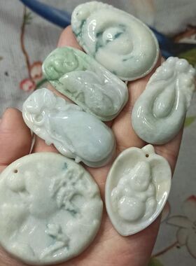 170缅甸天然翡翠吊坠山水佛公手把一组大牌子卡40X30mm左右有瑕疵