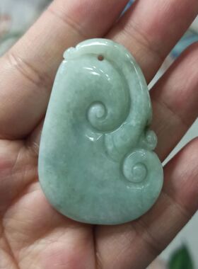 102缅甸天然翡翠吊坠雕刻件飘花如意手把件卡47X32mm左右满48包邮