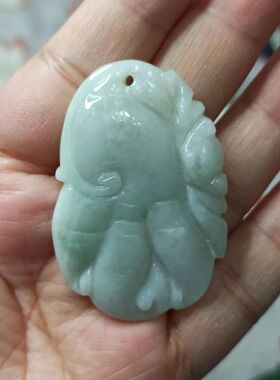 160缅甸天然翡翠吊坠飘花雕刻件手把件佛手人参人生如意卡48X32mm