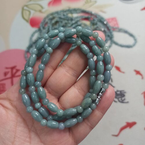 翡翠危料蓝水桶珠项链卡9X5mm