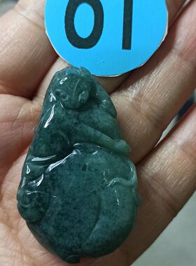 412天然翡翠吊坠危料如意福寿猴子献寿手把蓝水飘花卡46X28mm左右