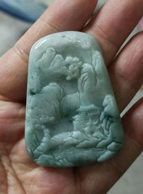 388缅甸天然翡翠吊坠飘花山水牌卡51X37mm左右编绳材料满48元包邮