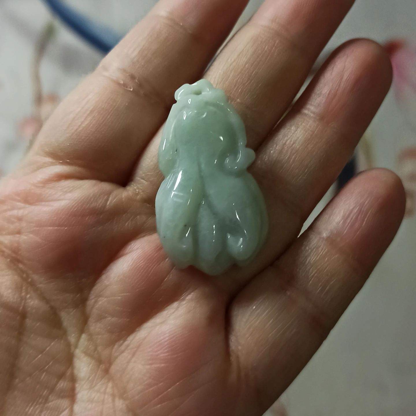 24缅甸天然翡翠飘花吊坠雕刻件手把件佛手人参人生如意卡36X20mm