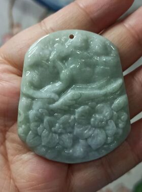 227缅甸天然翡翠山水花牌吊坠挂件毛衣链卡50X42mm左右满48元包邮