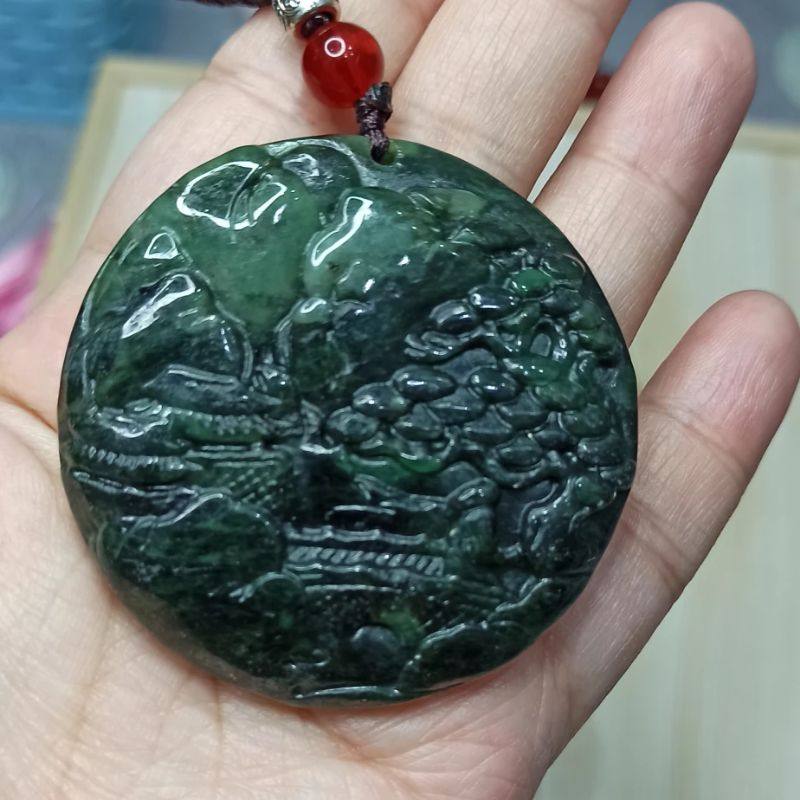 一物一图51缅甸天然翡翠山水牌绿底圆牌手把件直径卡53mm厚9mm