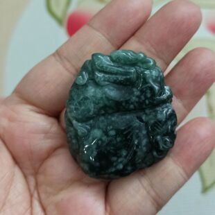 241天然翡翠吊坠雕刻件手把件危料蓝水麒麟如意葫芦卡39X36mm左右