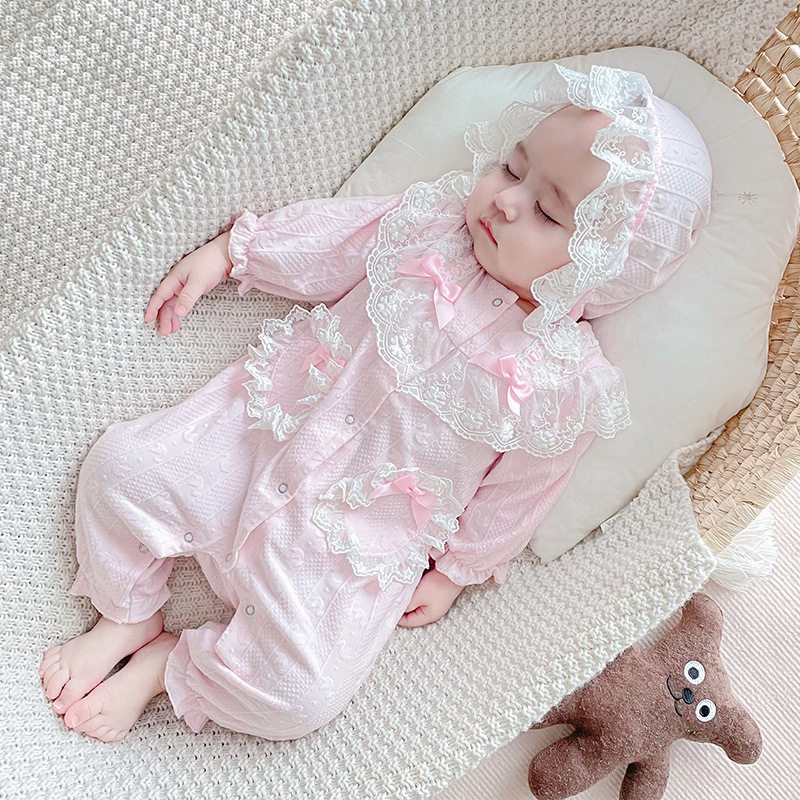 新品秋季新款女婴儿满月百天礼服哈衣蕾丝公主爬服女宝宝周岁服潮