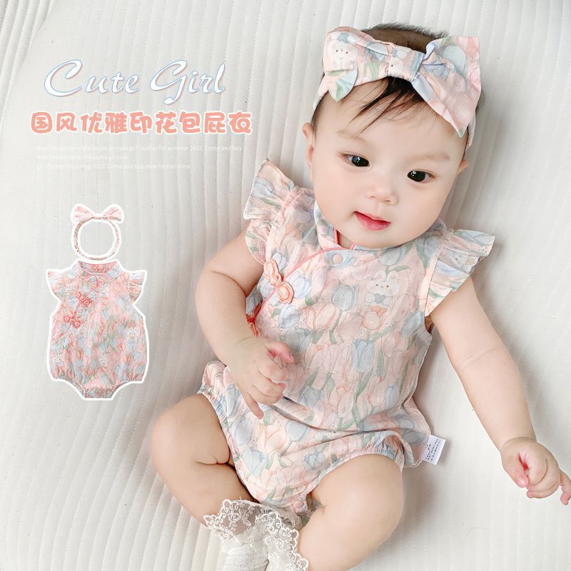 婴儿夏装旗袍女婴幼儿包屁衣宝宝百天公主连体衣服夏季百日宴礼服