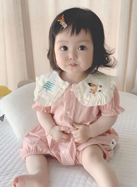 ins26夏款韩版婴儿可爱娃娃领刺绣短袖连体宝宝纯棉包屁爬服外出