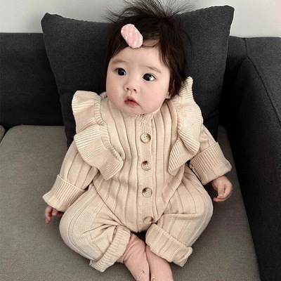 婴儿荷叶边2025韩版秋冬装洋气连体衣针织毛衣哈衣新生儿衣服爬服