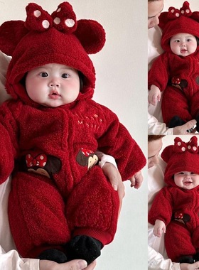 婴儿加绒厚连体衣冬季女宝宝衣服超萌米妮红色新年外出抱衣拜年服