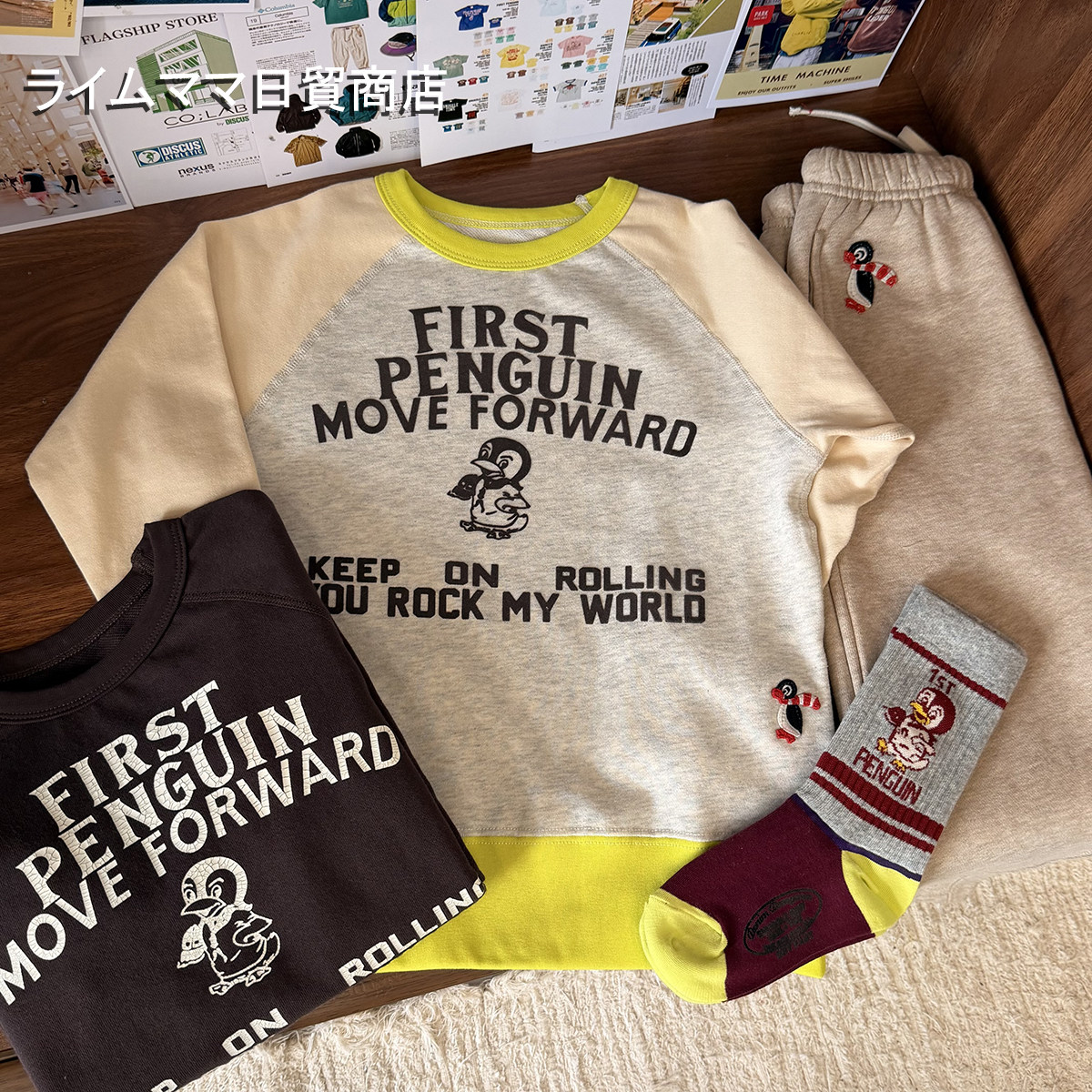 日系DD企鹅印花撞色插肩袖卫衣