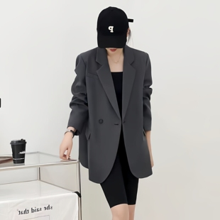 灰色西装小翻领西服外套女秋季新款韩版一粒扣宽松版休闲胖mm西装