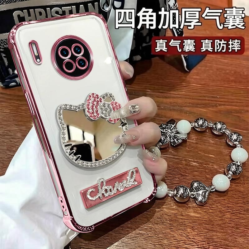 适用华为mate30手机壳新款水钻KT猫镜子MATE30PRO电镀四角防摔支架气囊30EPRO女款硅胶全包保护套