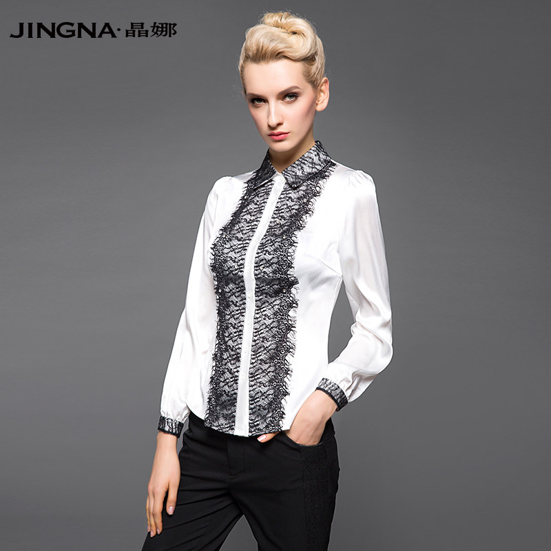 晶娜女装新款韩版时尚修身黑白蕾丝衬衫女中长款长袖OL衬衣职业装
