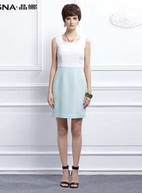 晶娜女装夏装新款欧美气质显瘦无袖白绿色拼接连衣裙中裙OL职业装
