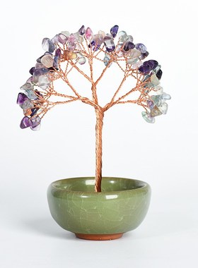 天然水晶树碎石摆件水晶树家居创意办公装饰工艺品彩色小碗造型底