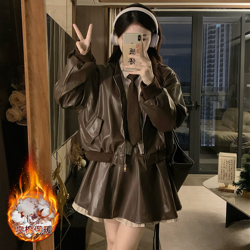 实拍美拉德套装咖色夹棉PU皮夹克外套女秋冬高腰半身裙短裙三件套