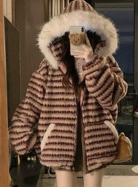 实拍 复古红色条纹毛领连帽羊羔毛外套女秋冬慵懒风宽松休闲棉