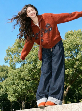 红色提花翻领毛衣外套女2025冬季复古圣诞风慵懒修身显瘦拉链开衫