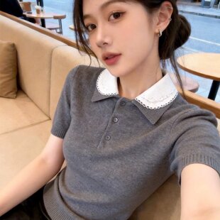 韩系灰色翻领针织衫早春女装2026新款春装设计感撞色短款毛衣上衣