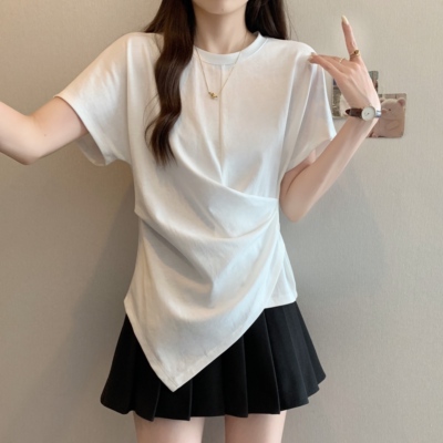 实拍~正肩短袖t恤女夏2026新款设计感掐腰修身不规则上衣大码女装