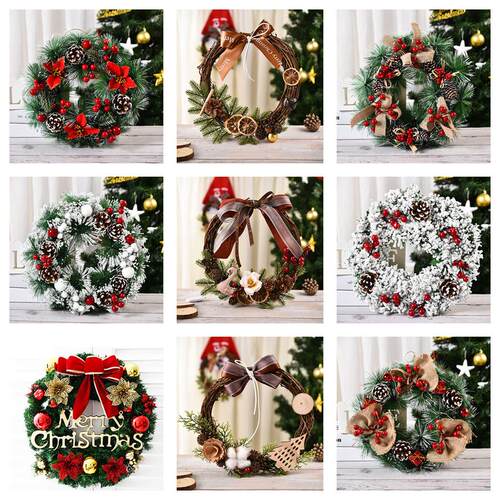 Christmas wind lanterns, flower garlands, door and window