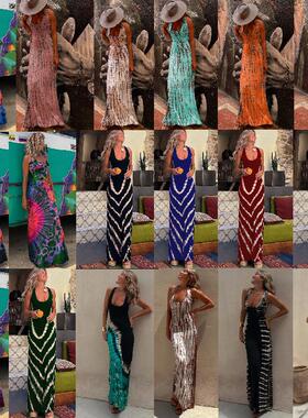 Sexy print halter cross dress gown欧美性感印花交叉连衣裙礼服