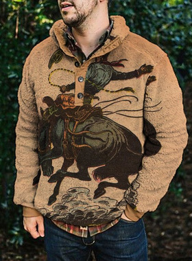 Casual fleece hoodie pocket sweater欧美毛绒卫衣纽扣口袋毛衣