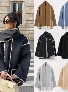 New fashion women's outerwear scarf外套加厚宽松带围巾流苏女