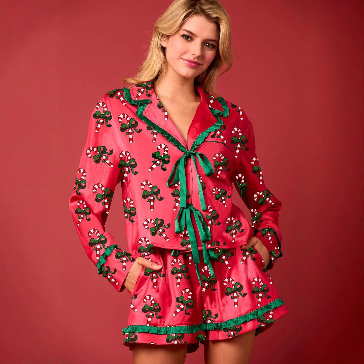 Christmas ribbon bow long sleeved shorts pajama set套装女