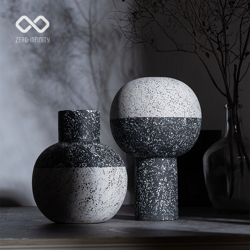 中古风球形烟雨花器肌理陶瓷摆件样板间售楼处客厅餐桌玄关装饰品