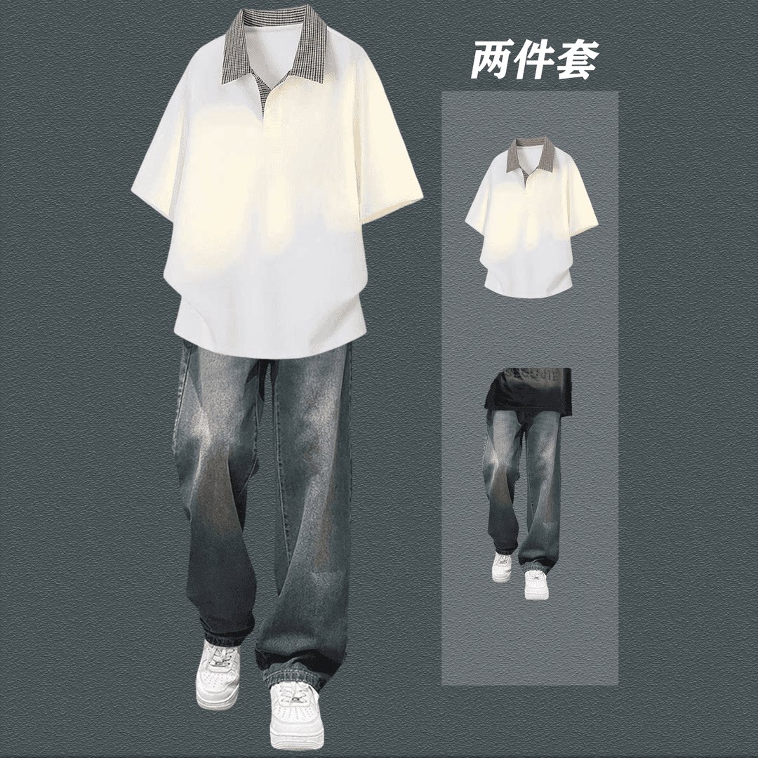 夏季男士短袖POLO衫牛仔裤套装图片