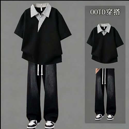 夏季男士假两件POLO休闲套装