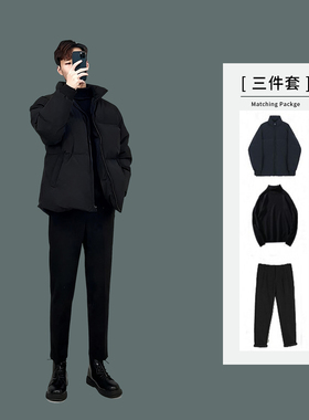 韩版男士棉衣三件套冬季高级感加厚棉服百搭男装套装cleanfit外套