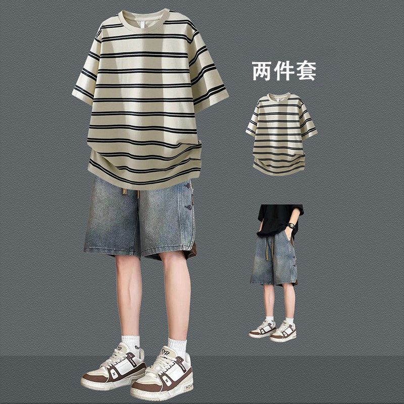 日式短袖条纹T恤男夏季韩版青少年男装帅气学生潮流清爽休闲套装