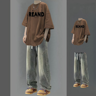 复古纯棉短袖 潮牌宽松青少年半袖 t恤男夏季 套装 体恤 2025新款 美式