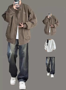 美式复古飞行员夹克男士春秋季三件套装棒球服青少年炸街外套痞帅