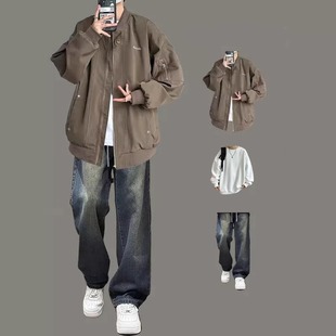 美式复古飞行员夹克男士春秋季三件套装棒球服青少年炸街外套痞帅