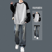 春秋季 一套搭配 t恤青少年韩版 男生穿搭卫衣套装 初高中生三杠长袖