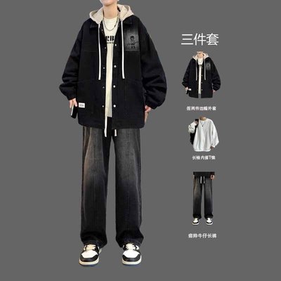 春秋季假两件连帽牛仔夹克三件套