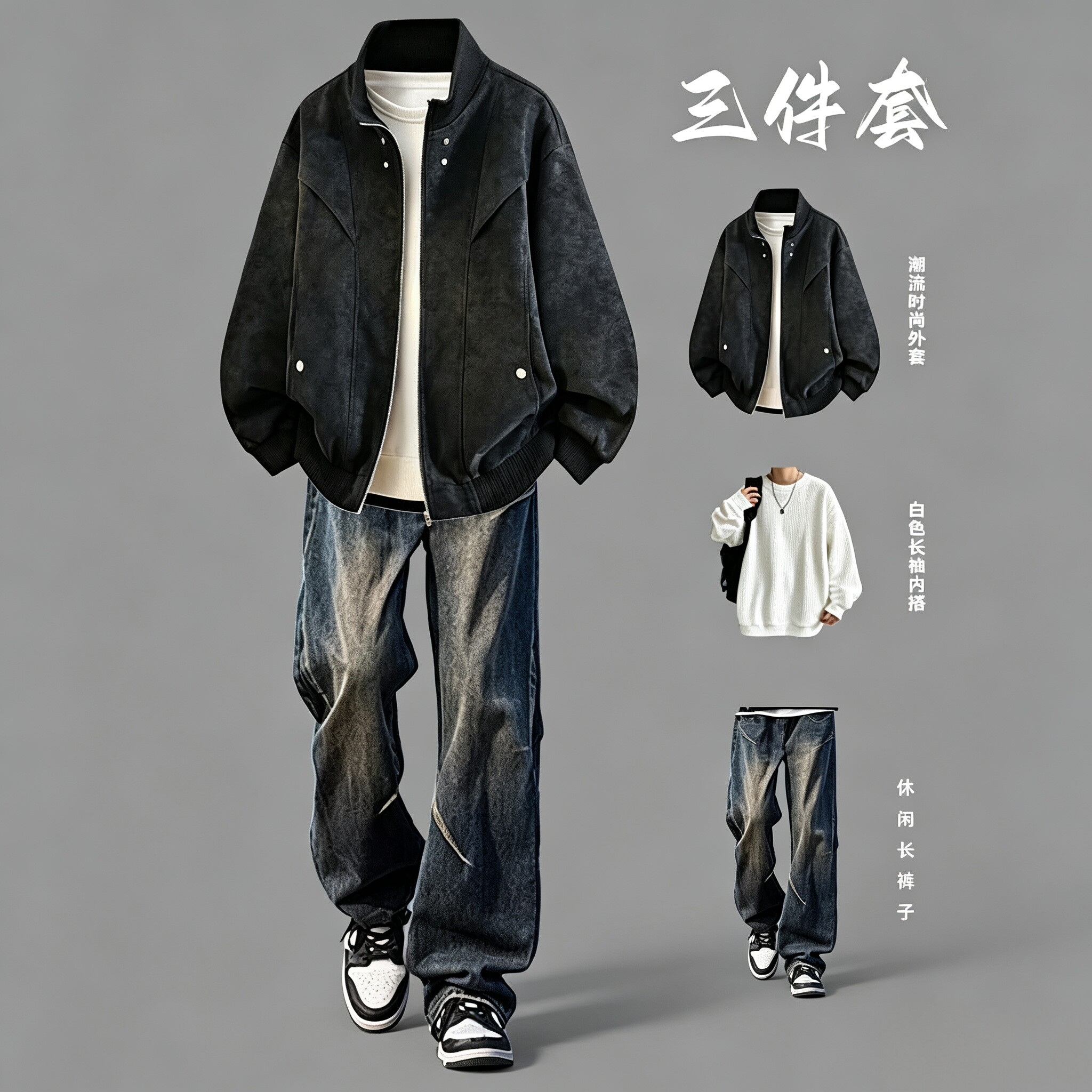 美式潮牌男士夹克套装春秋季机车服立领外套帅气潮流三件套牛仔裤
