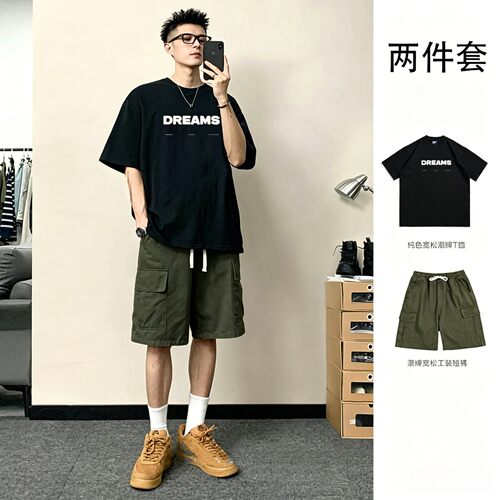夏季纯棉t恤男套装宽松短袖短裤青少年男装帅气学生潮流一套搭配