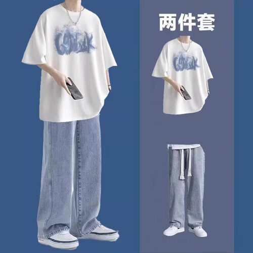 夏季美式潮牌短袖套装男生一整套