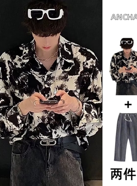 高街潮流夏天衬衫男士套装ins潮牌外套复古日系春夏季发型师衬衣