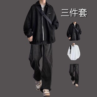 青少年麂皮外套男款春秋季2025新款套装潮牌痞帅夹克男装一套搭配