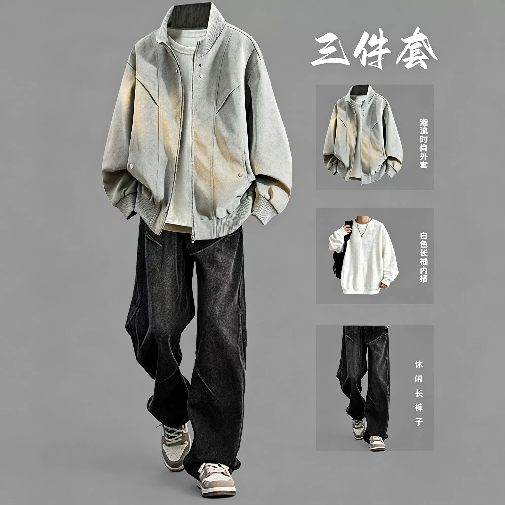 美式复古男士夹克套装秋季2026新款机车服立领外套帅气潮流三件套